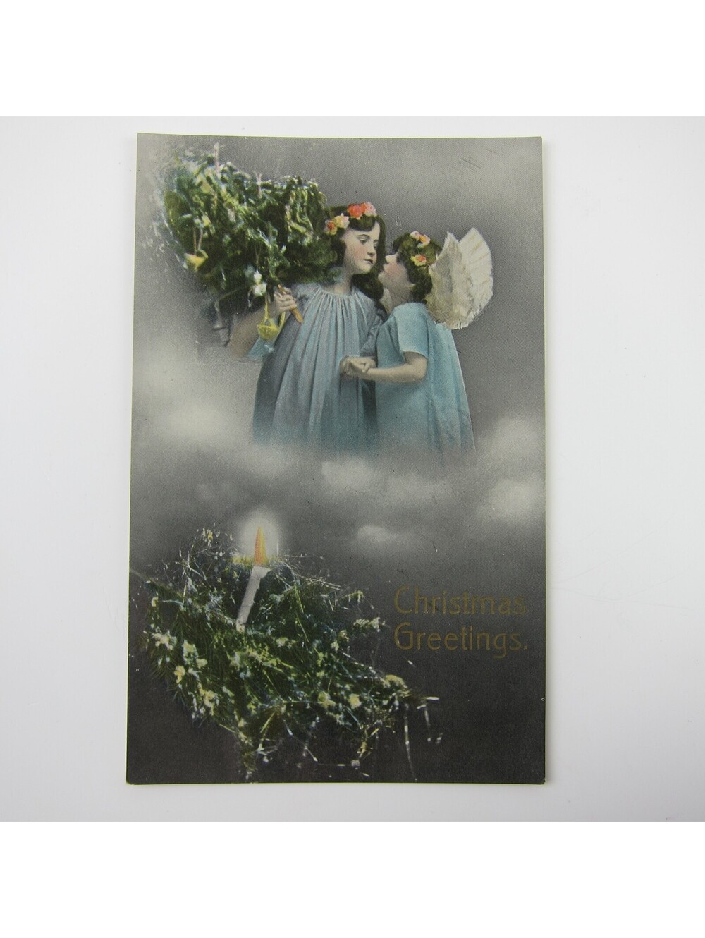 Christmas Postcard Girl & Angel Blue Dress Tree Candle Gold Antique UNPOSTED